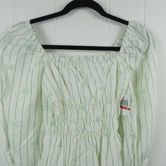 Charlie Holiday Linen Cotton Smocked Mini Dress Stripes Palm Trees Size 2 - Picture 4 of 11
